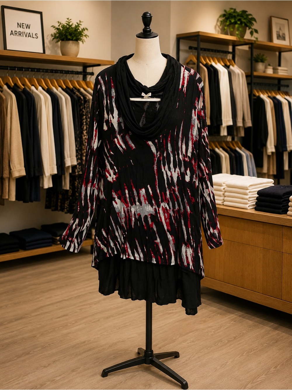 Avenue Black Red and White Draped Cowl-Neck Tunic